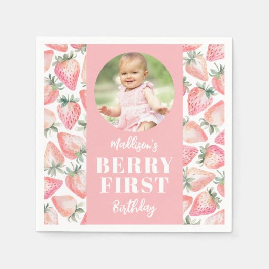 ストロベリーファースト写真1st誕生日パーティー スタンダードカクテルナプキン (正面)