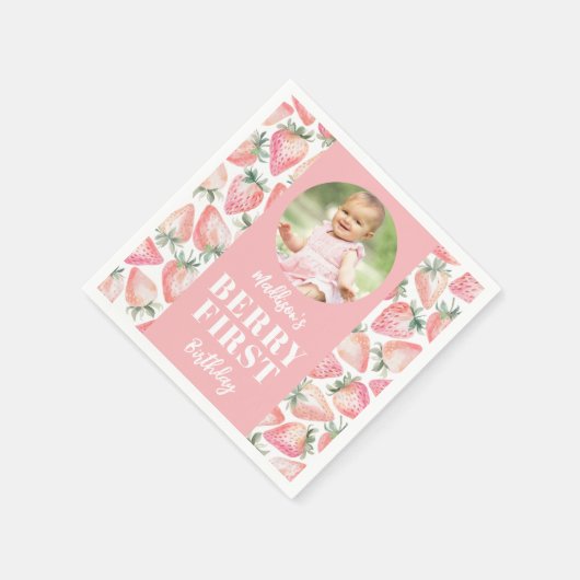 ストロベリーファースト写真1st誕生日パーティー スタンダードカクテルナプキン (角)