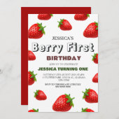ストロベリーファースト誕生日シンプルキュートベビー 招待状 (正面/裏面)