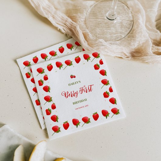 ストロベリーファースト誕生日パーティーへの招待 スタンダードカクテルナプキン