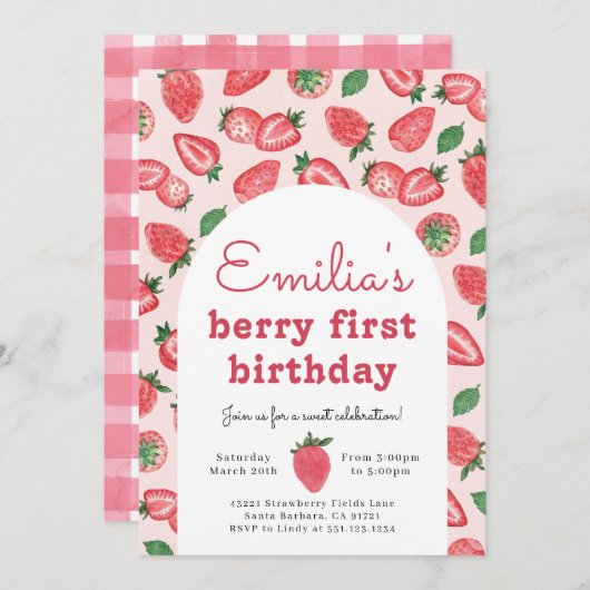 ストロベリーファースト誕生日パーティーへの招待 招待状 (正面/裏面)