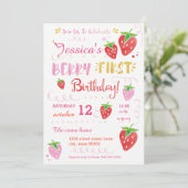 ストロベリーファースト誕生日パーティーベリーウォーター色 招待状 (スタンド正面)