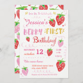 ストロベリーファースト誕生日パーティーベリーウォーター色 招待状 (正面/裏面)