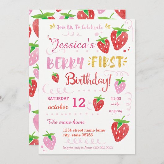 ストロベリーファースト誕生日パーティーベリーウォーター色 招待状 (正面/裏面)