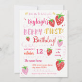 ストロベリーファースト誕生日パーティーベリーウォーター色I 招待状 (正面)