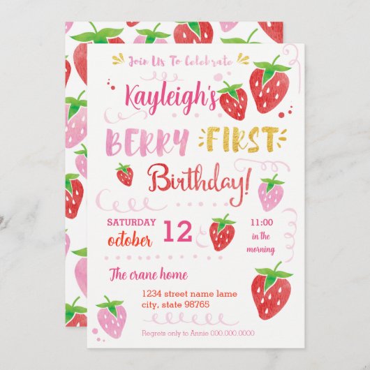 ストロベリーファースト誕生日パーティーベリーウォーター色I 招待状 (正面/裏面)