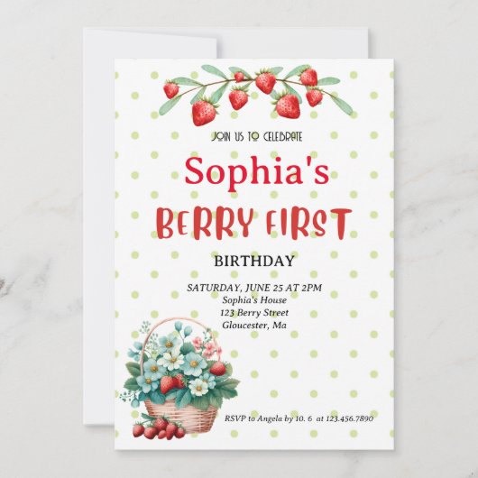 ストロベリーファースト誕生日パーティーベリー1st写真イン 招待状 (正面)