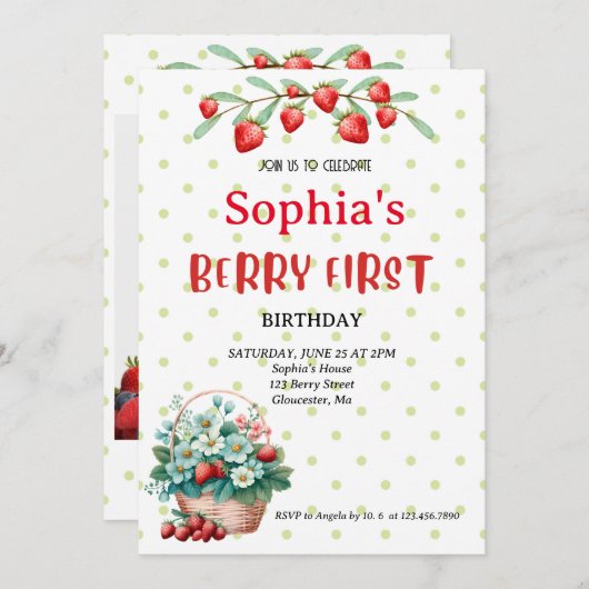 ストロベリーファースト誕生日パーティーベリー1st写真イン 招待状 (正面/裏面)