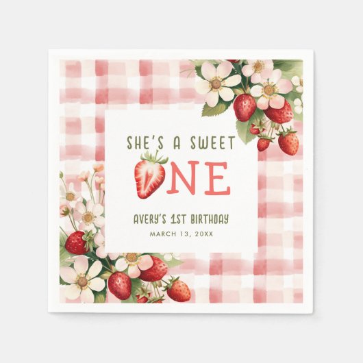 ストロベリーファースト誕生日パーティーベリー スタンダードカクテルナプキン (正面)