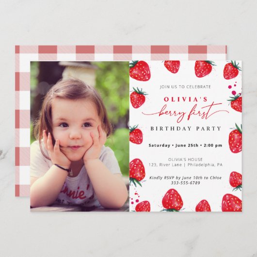 ストロベリーファースト誕生日フォト招待状 招待状 (正面/裏面)