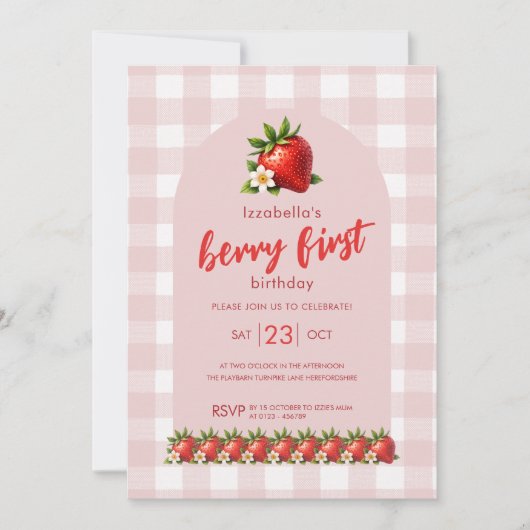 ストロベリーファースト誕生日フォト誕生日 招待状 (正面)