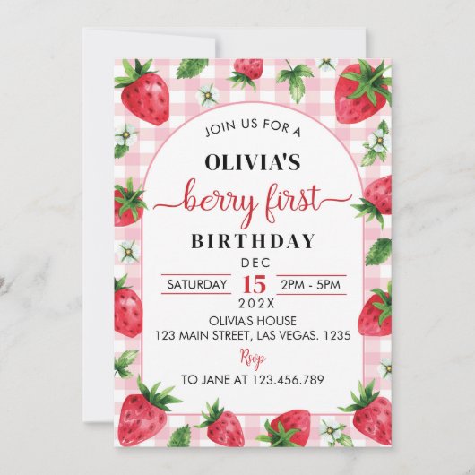 ストロベリーファースト誕生日招待状ベリースイーツ 招待状 (正面)