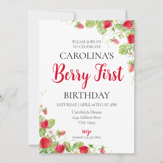 ストロベリーファースト誕生日招待状 招待状 (正面)