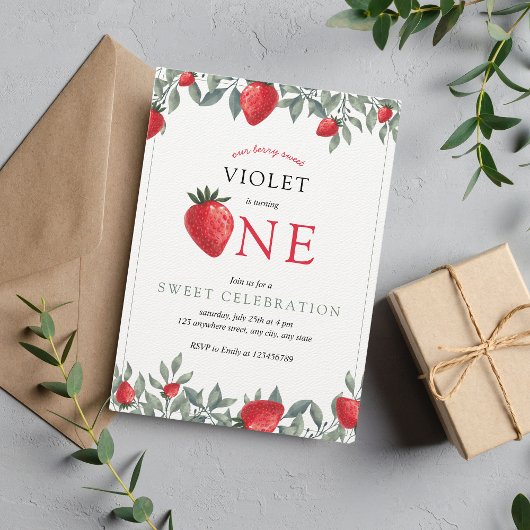 ストロベリーファースト誕生日 |ベリーの甘い水色 招待状