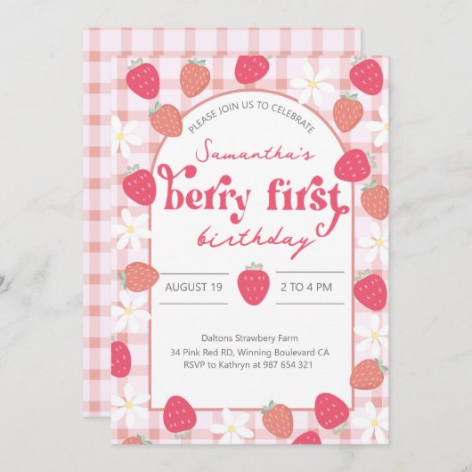 ストロベリーファースト誕生日 招待状 (正面/裏面)