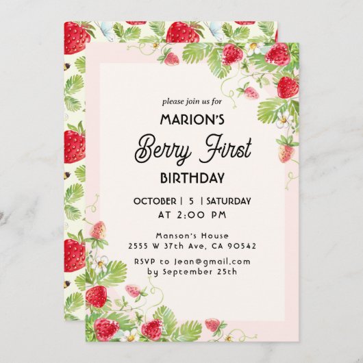 ストロベリーファースト誕生日 招待状 (正面/裏面)