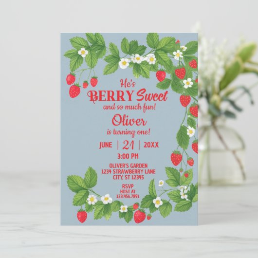ストロベリーファースト誕生日（赤と青） 招待状 (スタンド正面)