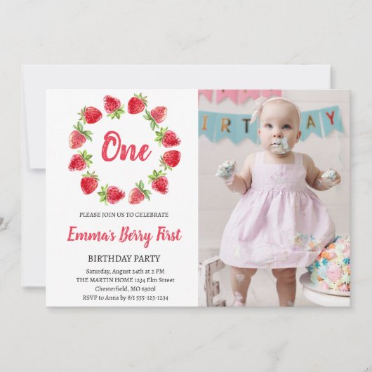 ストロベリーファースト1歳の誕生日の写真 招待状 (正面)