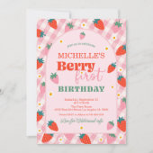 ストロベリーファースト1歳の誕生日ギンガム 招待状 (正面)