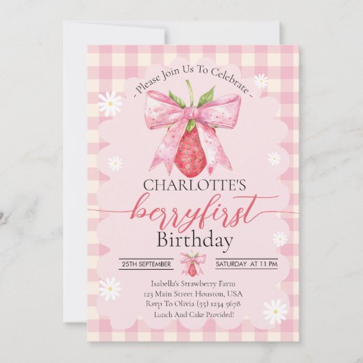 ストロベリーファースト1歳の誕生日パーティー写真 招待状 (正面)