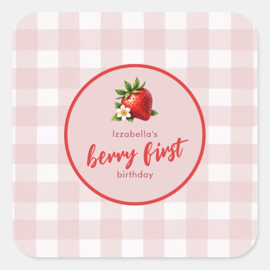 ストロベリーファースト1th誕生日ピンクギンガム スクエアシール (正面)