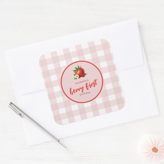 ストロベリーファースト1th誕生日ピンクギンガム スクエアシール (封筒)