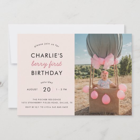 ストロベリーフィールズベリーファースト誕生日 |写真 招待状 (正面)