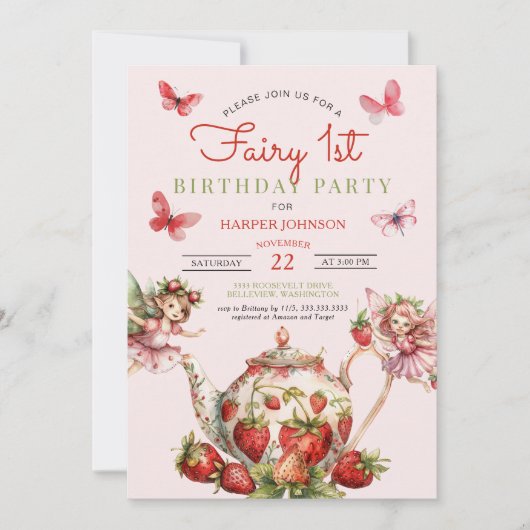 ストロベリーフェアリー1stティーポット1st誕生日 招待状 (正面)