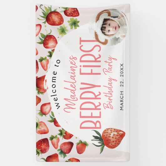 ストロベリーフォトウェルカムベリーファースト誕生日 横断幕 (縦)