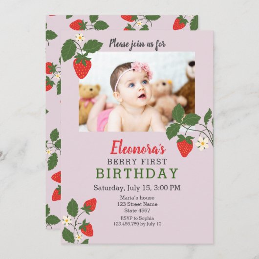 ストロベリーフォト1st誕生日 招待状 (正面/裏面)