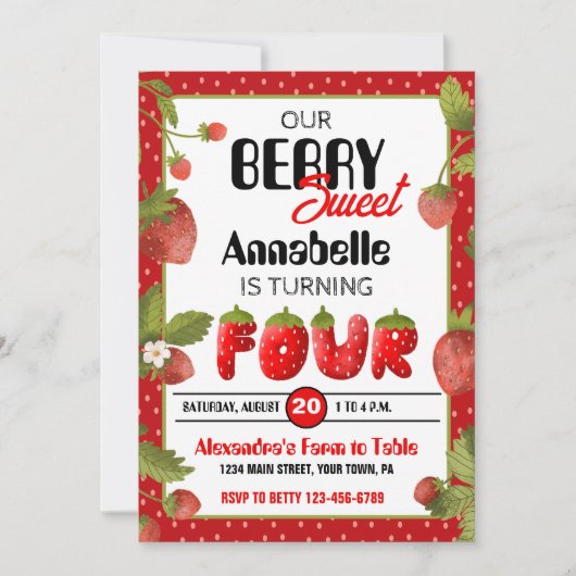ストロベリーフォーバースデーパーティーへの招待 招待状 (正面)