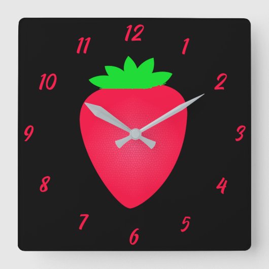 ストロベリーフルーツガールズボーイズ子供部屋レッドブラックカワイイ スクエア壁時計 (正面)
