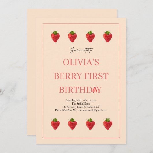 ストロベリーフルーツ誕生日パーティーへの招待 招待状 (正面/裏面)