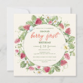 ストロベリーフローラフォトガールベリーファースト誕生日 招待状 (正面)