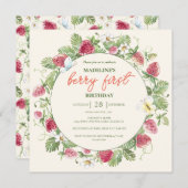 ストロベリーフローラボホガールベリーファースト誕生日 招待状 (正面/裏面)