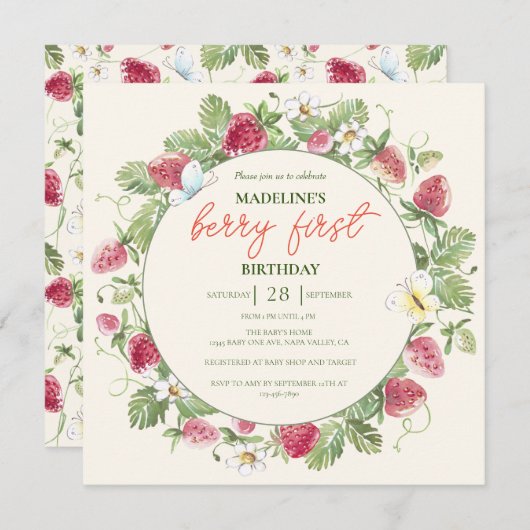 ストロベリーフローラボホガールベリーファースト誕生日 招待状 (正面/裏面)