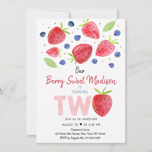 ストロベリーブルーベリーベリースウィートセカンド誕生日 招待状 (正面)