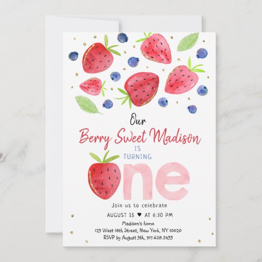 ストロベリーブルーベリーベリースウィートファースト誕生日 招待状 (正面)