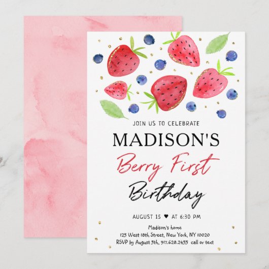 ストロベリーブルーベリーベリーファースト誕生日 招待状 (正面/裏面)
