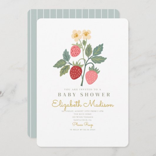 ストロベリーブーケ花の赤ちゃんシャワー 招待状 (正面/裏面)