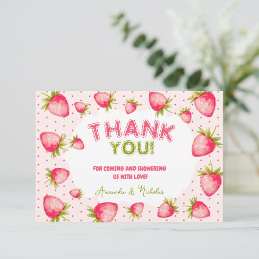 ストロベリーベビーガールシャワーサマーピンク サンキューカード (スタンド正面)