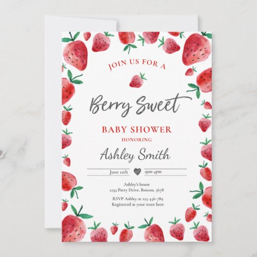 ストロベリーベビーシャワーサマーベリースウィートベビー 招待状 (正面)