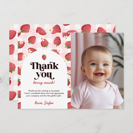 ストロベリーベリー1st誕生日サンキューカード 招待状 (正面/裏面)