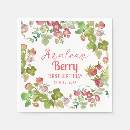 ストロベリーベリー1st誕生日パーティー スタンダードカクテルナプキン (正面)