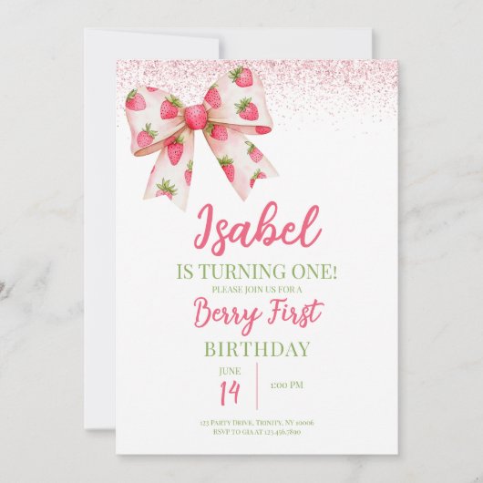 ストロベリーボウ誕生日 招待状 (正面)