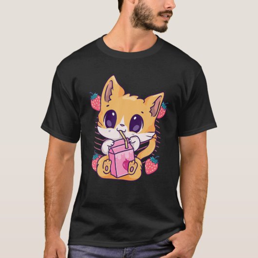 ストロベリーミルクキャットかわいいかわいい子猫アニメ猫 Tシャツ (正面)