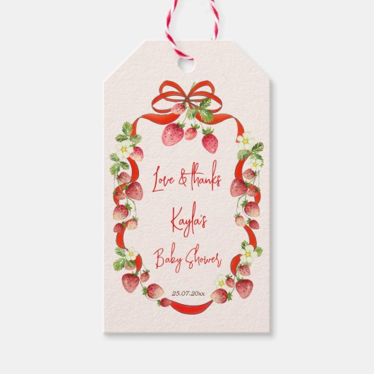ストロベリーリボン弓コケット赤ちゃんシャワーのお願い ギフトタグ (正面)
