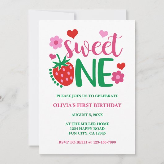 ストロベリーレッドスイートワンファースト誕生日 招待状 (正面)