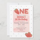 ストロベリー水玉模様ワン1歳の誕生日 招待状 (正面)