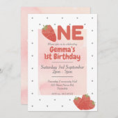 ストロベリー水玉模様ワン1歳の誕生日 招待状 (正面/裏面)